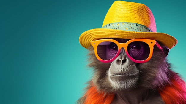 Een aap met een kleurrijke zomerhoed en een stijlvolle zonnebril.