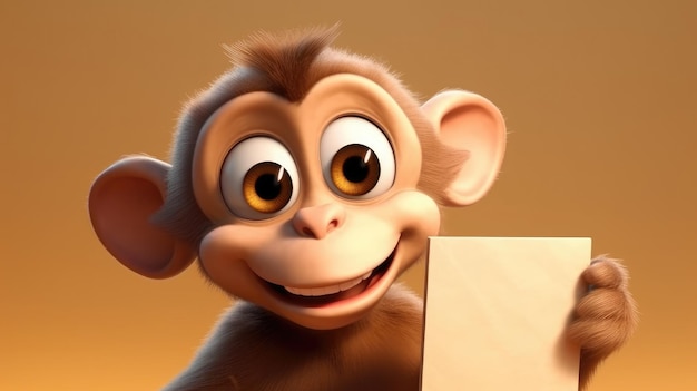 Een aap met een leeg bord waarop 'aap' staat