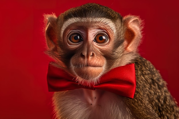 Een aap met een rode vlinderdas draagt een rode achtergrond.