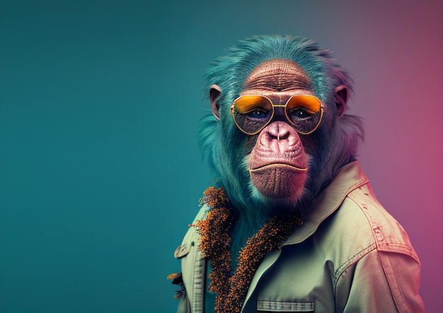 Een aap met een zonnebril en een jas met het woord aap erop