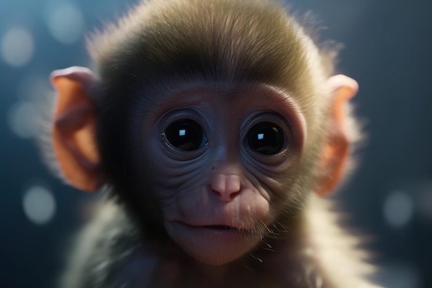 Een aap met grote ogen kijkt naar de camera.