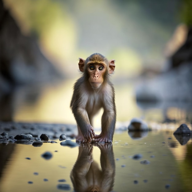 Een aap staat in een plas water en kijkt naar de camera.