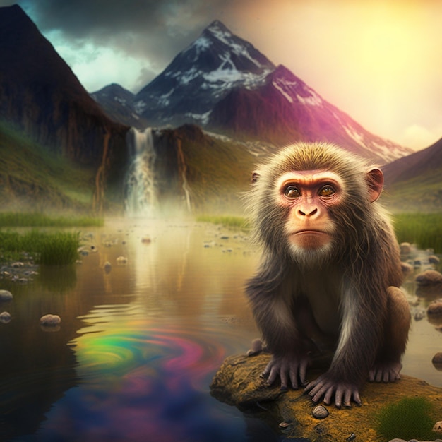 Een aap zit op een rots voor een berg en een waterval.