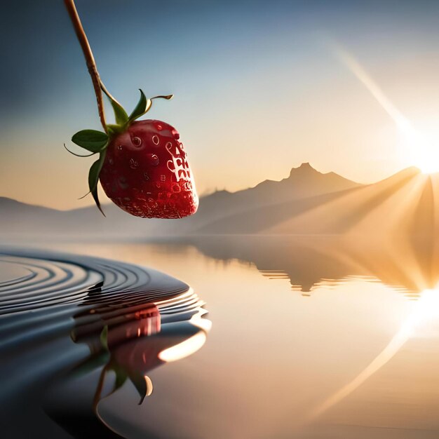 Een aardbei die op een stokje zit met de zon erachter