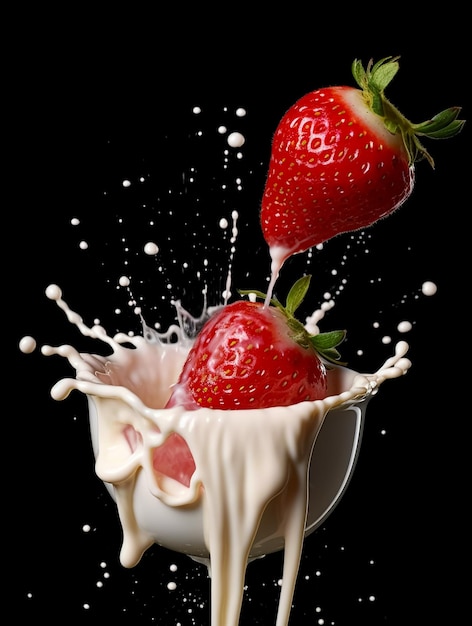 Foto een aardbei in een milkshake met een wit bakje met een rode stip erop