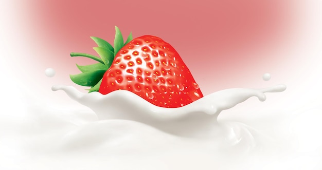 Een aardbei in een yoghurt met een roze achtergrond