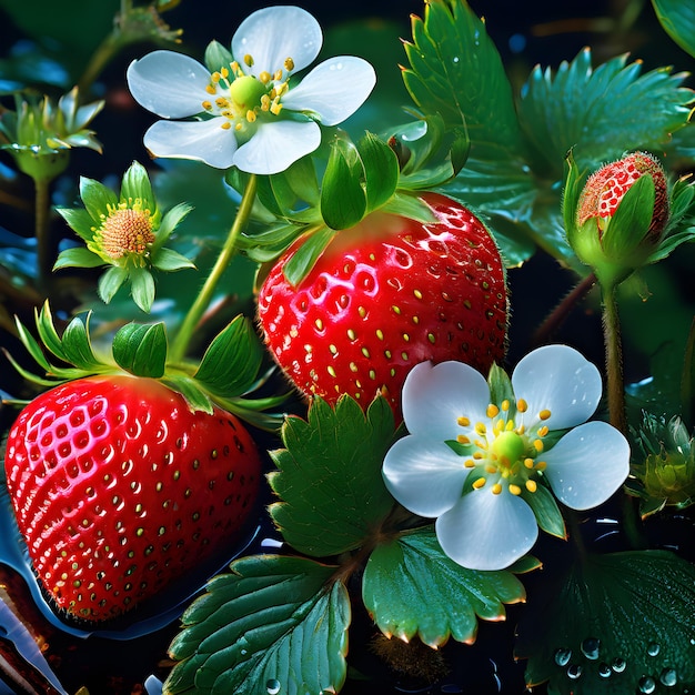 Foto een aardbei met een witte bloem die aardbei erop zegt