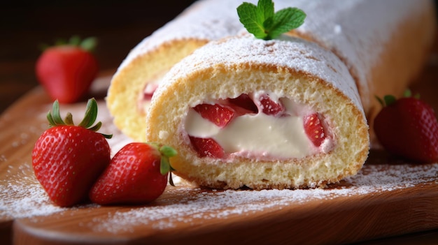 Een aardbeienbroodje met roomvulling en verse aardbeien op een houten bord.