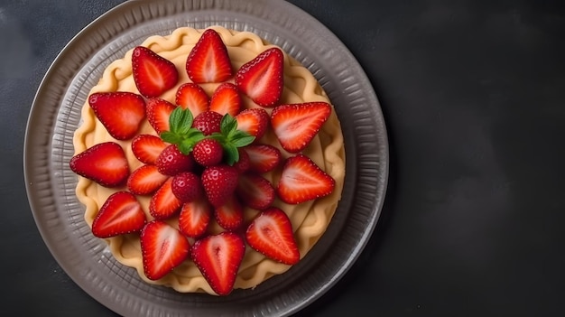 Een aardbeientaart met een groen blaadje erop