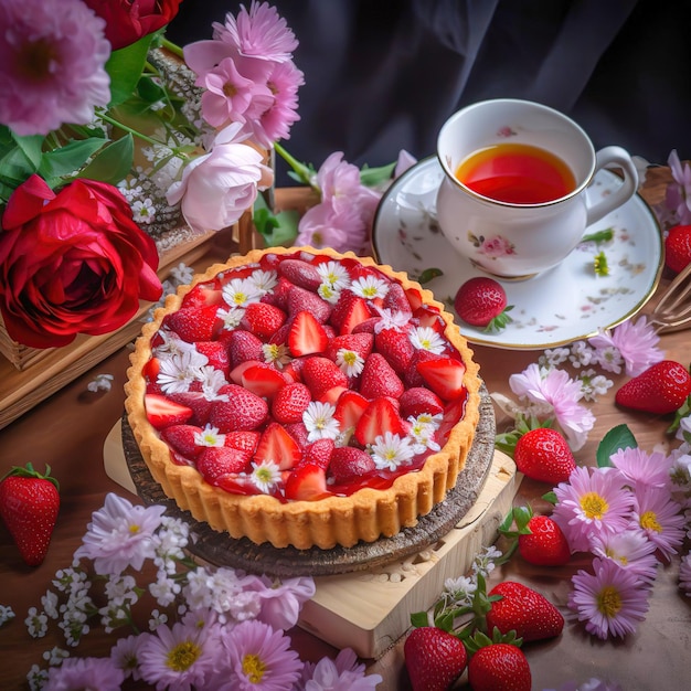 Een aardbeientaart staat op een tafel met bloemen en een kopje thee.