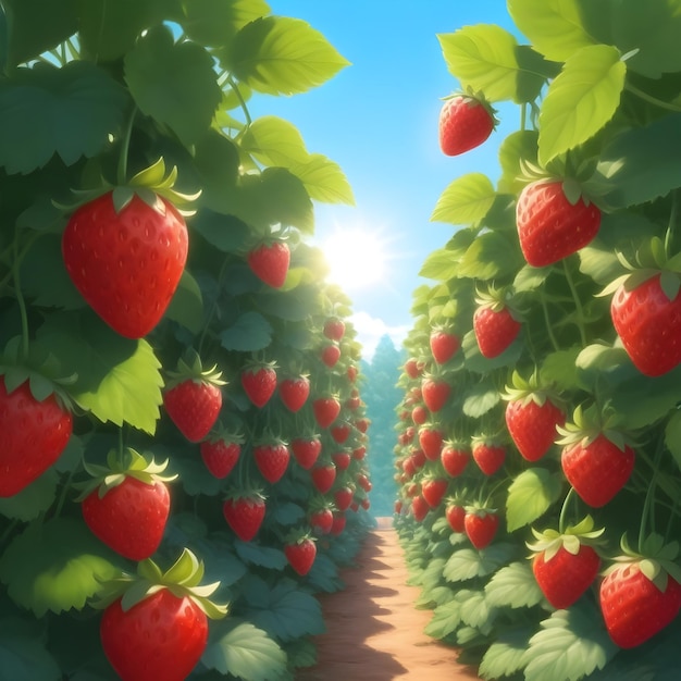 een aardbeienveld met een blauwe hemel en een zon op de achtergrond