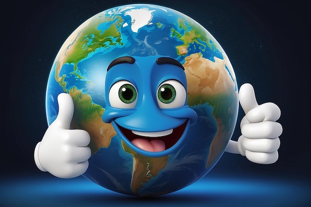 Foto een aardbol wereld cartoon personage mascotte geven een duim omhoog