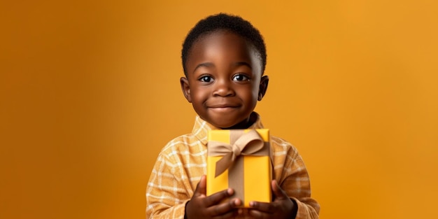 Een aardige jonge zwarte jongen gelukkig verrast met een geschenk in zijn handen met een gele achtergrond