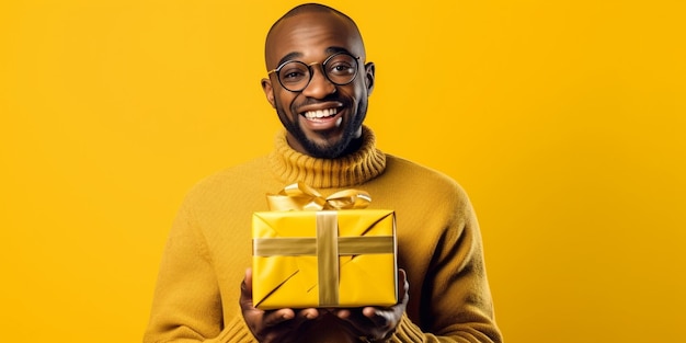 Een aardige jonge zwarte man gelukkig verrast met een geschenk in zijn handen met een gele achtergrond