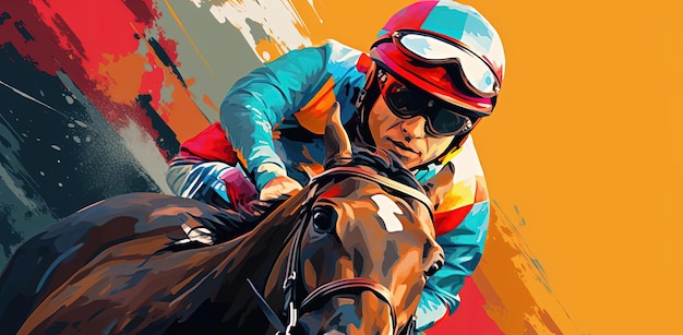 een abstract aquarelschilderij van een jockey die op een paard rijdt in de stijl van pop-art graphics
