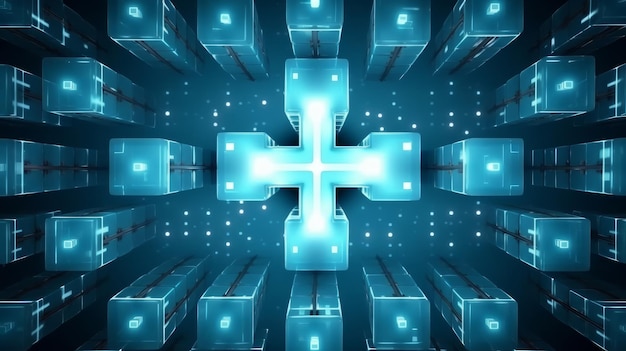 Een abstract beeld van een blauw licht met een kruis in het midden.