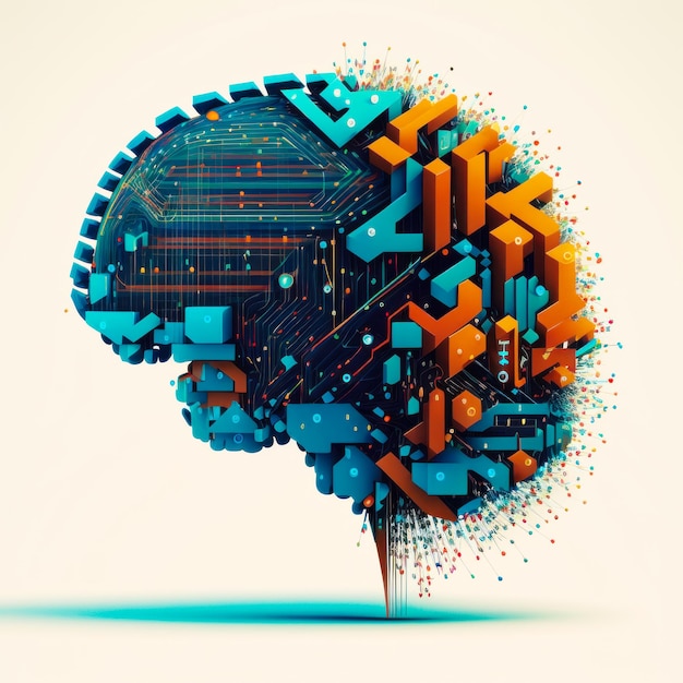 Een abstract beeld van het menselijk brein dat bestaat uit computeronderdelen Generatieve AI