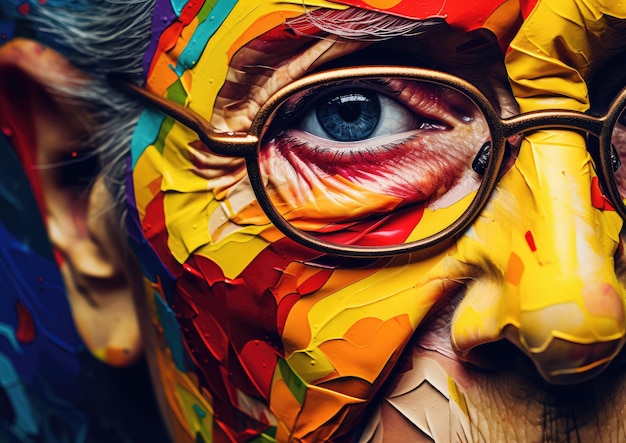 Een abstract close-up shot van het gezicht van een oudere vrouw met levendige spatten van primaire kleuren