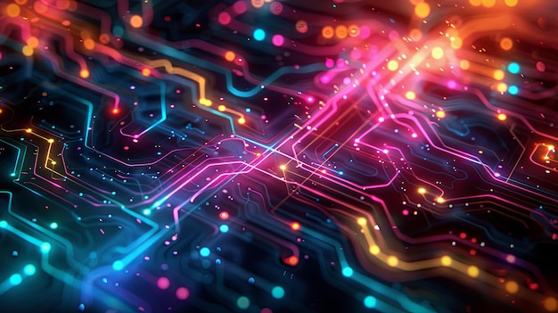 Een abstract digitaal kunstwerk dat bedrijfsprocessen als onderling verbonden circuits toont