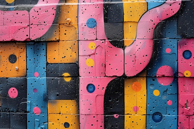 Een abstract graffiti patroon met roze en gele stippen op een gestructureerde stedelijke muur AI gegenereerd