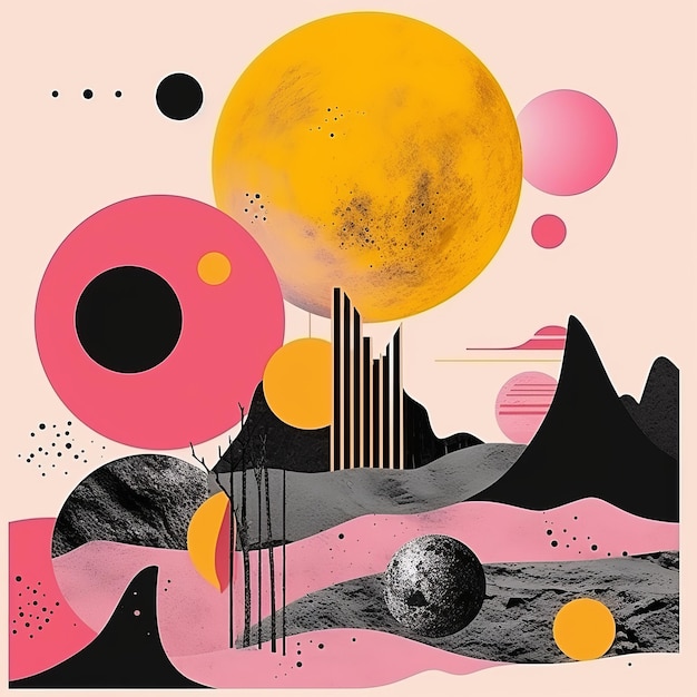 een abstract kunstwerk met planeten, bergen en andere vormen