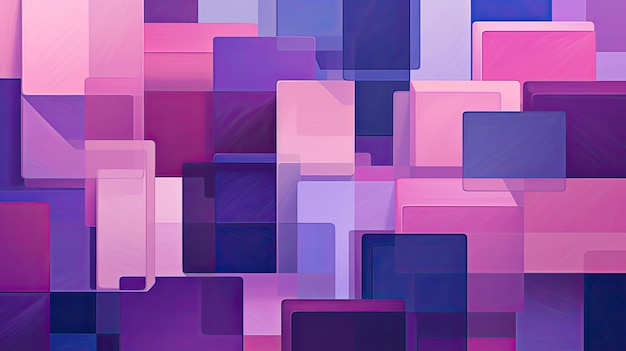 Een abstract ontwerp van overlappende vierkanten in roze en paarse tinten