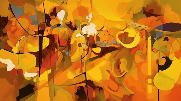 Een abstract schilderij met een gele achtergrond en het woord liefde erop.