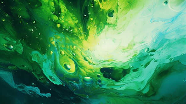 Een abstract schilderij met groene en blauwe kleuren