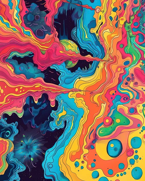 Foto een abstract schilderij met kleurrijke kleuren en bubbels