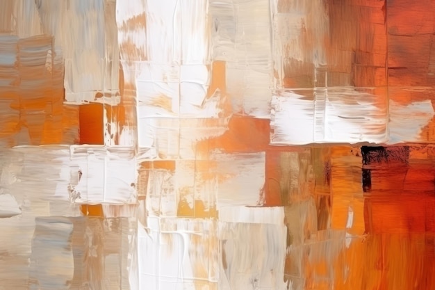 Een abstract schilderij met oranje en witte tinten en een witte achtergrond.