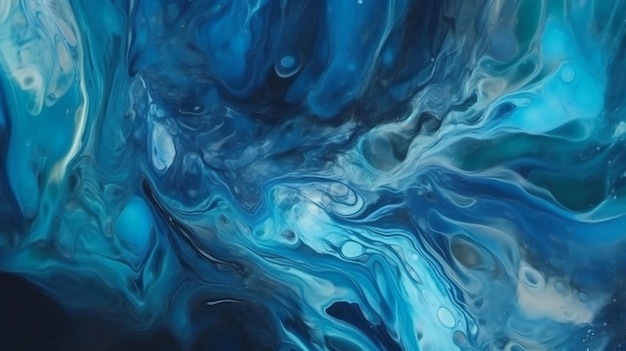Een abstract schilderij met overwegend blauwe en zwarte kleuren
