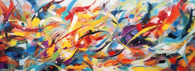 Een abstract schilderij met veel kleuren en lijnen