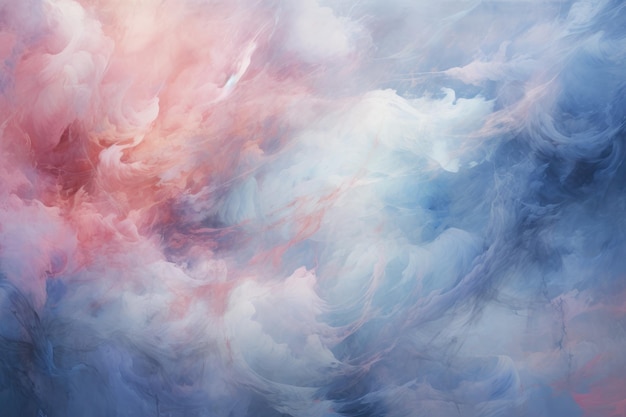 een abstract schilderij van blauwe roze en witte wolken