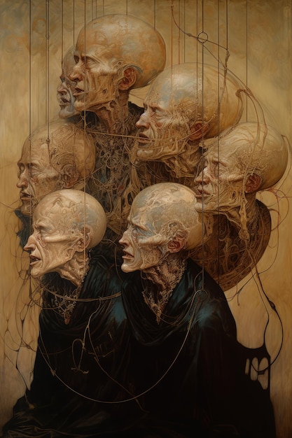 Een abstract schilderij van een groep griezelig uitziende mensen met hoofden in het midden