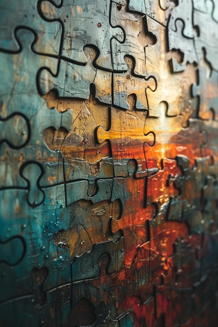 Foto een abstract stuk dat een puzzel toont met enkele stukken die wegdrijven