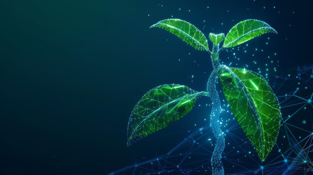 Een abstracte 3D-animatie van een biotechnologisch concept met een digitaal draadframe van een plantenspruit die uit de bodem ontspringt De gloeiende knooppunten en verbindingslijnen vertegenwoordigen de fusie van de natuur