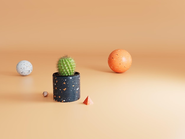 Een abstracte achtergrond waarop een cactus in een pot zit en geometrische vormen op een pastelkleurige achtergrond