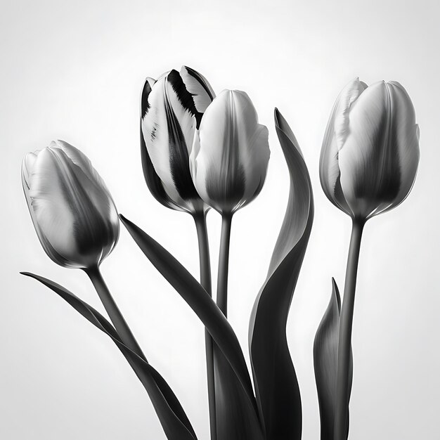 Een abstracte compositie van tulpen met alleen zwarte en witte kleuren 2