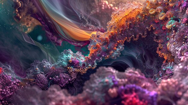 Foto een abstracte foto-gebaseerde afbeelding die lijkt op een kleurrijke onderwater scène met koraal-achtige texturen
