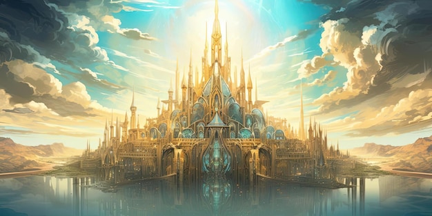 een abstracte kunst die een kasteel in een stad toont in de stijl van sci-fi anime