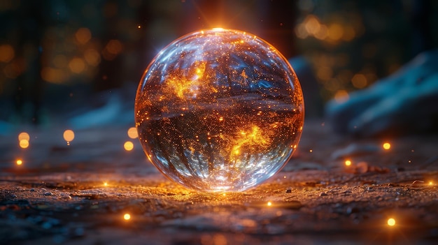 Een abstracte magische illustratie van een glazen bol van gloeiende lichten op een doorzichtige achtergrond