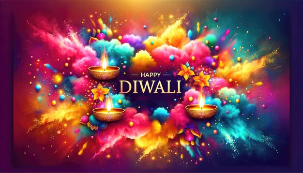 Een abstracte samenvloeiing van Holi's levendige poeders en de zachte gloed van Diwali diyas onderbroken door de warme begroeting van 'Happy Diwali'