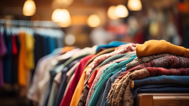 Een abstracte wazige achtergrond van een tweedehandswinkel of liefdadigheidsinstelling die zacht gebruikte kleding verkoopt Generatieve AI