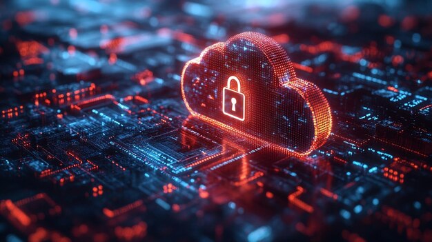 Een abstracte weergave van cloudbeveiligingsdiensten met een gestileerd cloud-icoon gecombineerd met een veilig hangslotsymbool om cybersecurity en gegevensbescherming in cloudcomputing-instellingen aan te geven