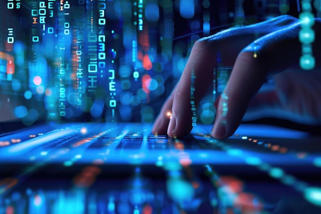 Een abstracte weergave van programmering en digitalisering met een hand op een laptoptoetsenbord tegen een stadsbeeld van digitale gegevens en code