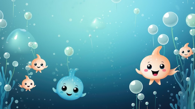 Een achtergrond met een onderwaterthema met emoji-zeedieren en bubbels