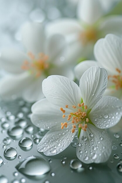 een achtergrond met elegante witte bloemen en zachte dauwdruppels