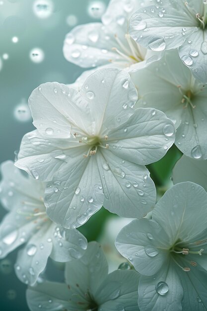 een achtergrond met elegante witte bloemen en zachte dauwdruppels