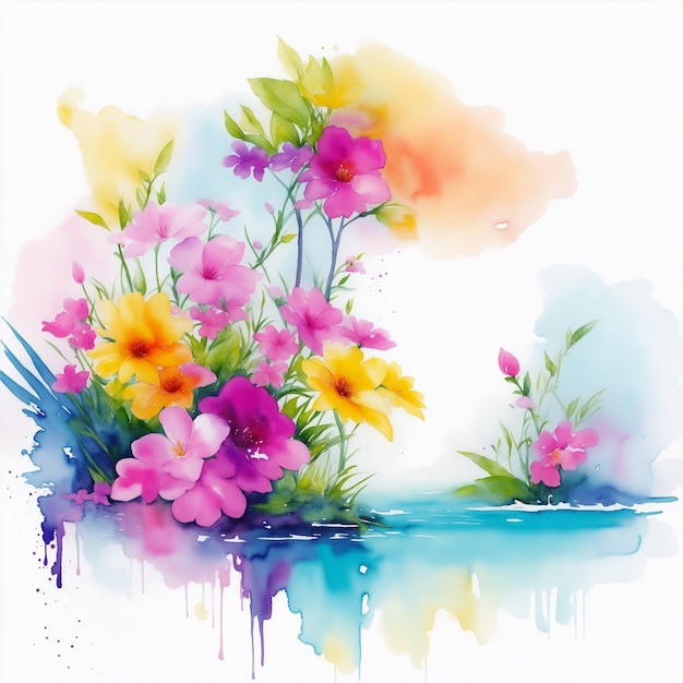 Een achtergrondfoto samengesteld uit kleurrijke planten in een door AI gegenereerde aquarelstijl