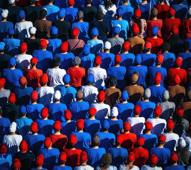 Foto een achteruitzicht van de mensen die in het stadion zitten in rode en blauwe petten fans